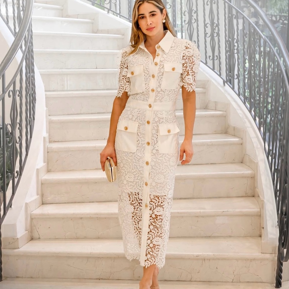 Elegant White Lace Button-Down Dress